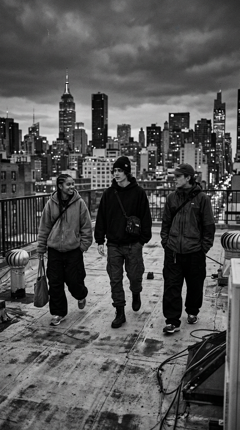 Grupo de jovens vestindo AMX Streetwear em um terraço urbano